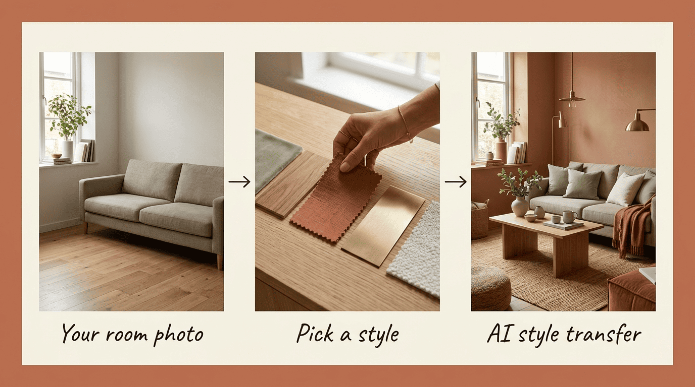 Three-step style transfer: room photo, pick a style swatch, then the AI-rendered result