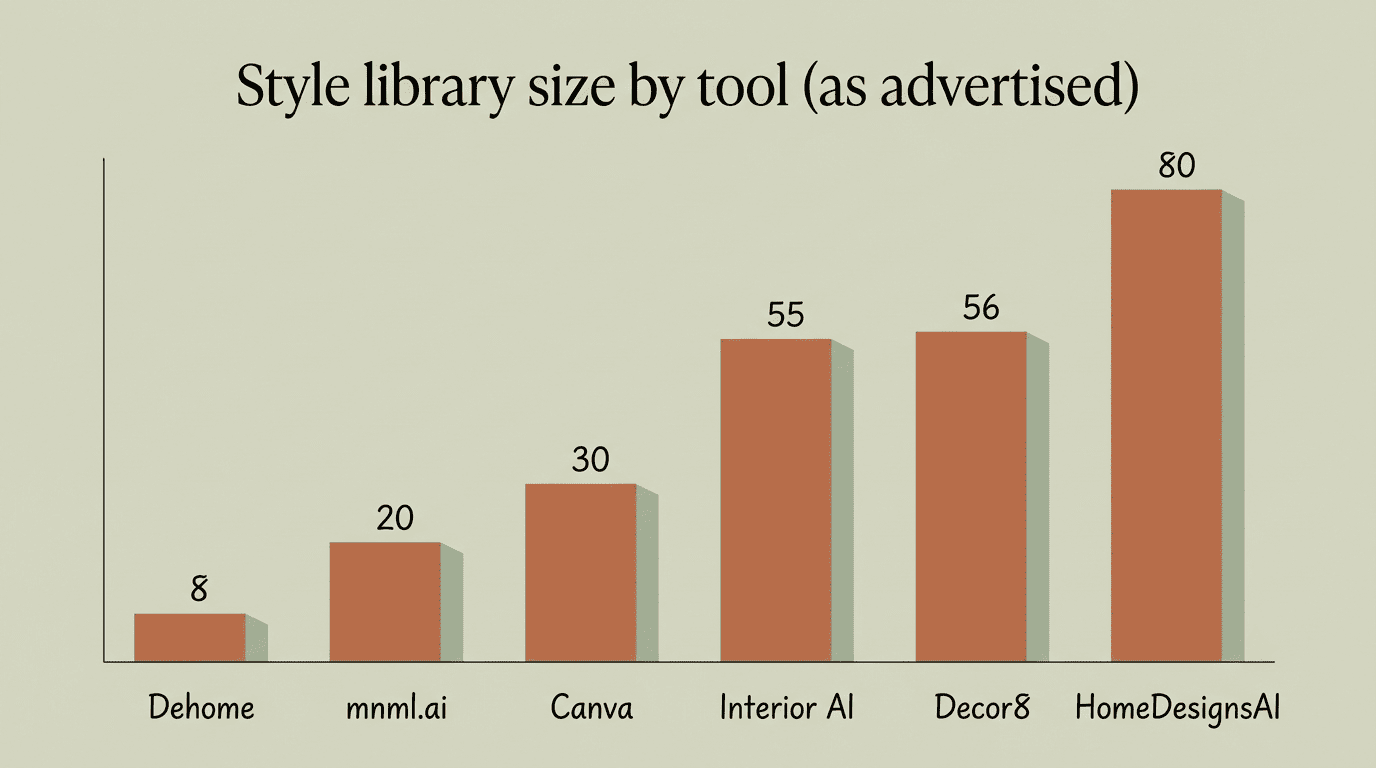 Bar chart of AI tool style-library sizes: Dehome 8, mnml 20, Canva 30, Interior AI 55, Decor8 56, HomeDesignsAI 80