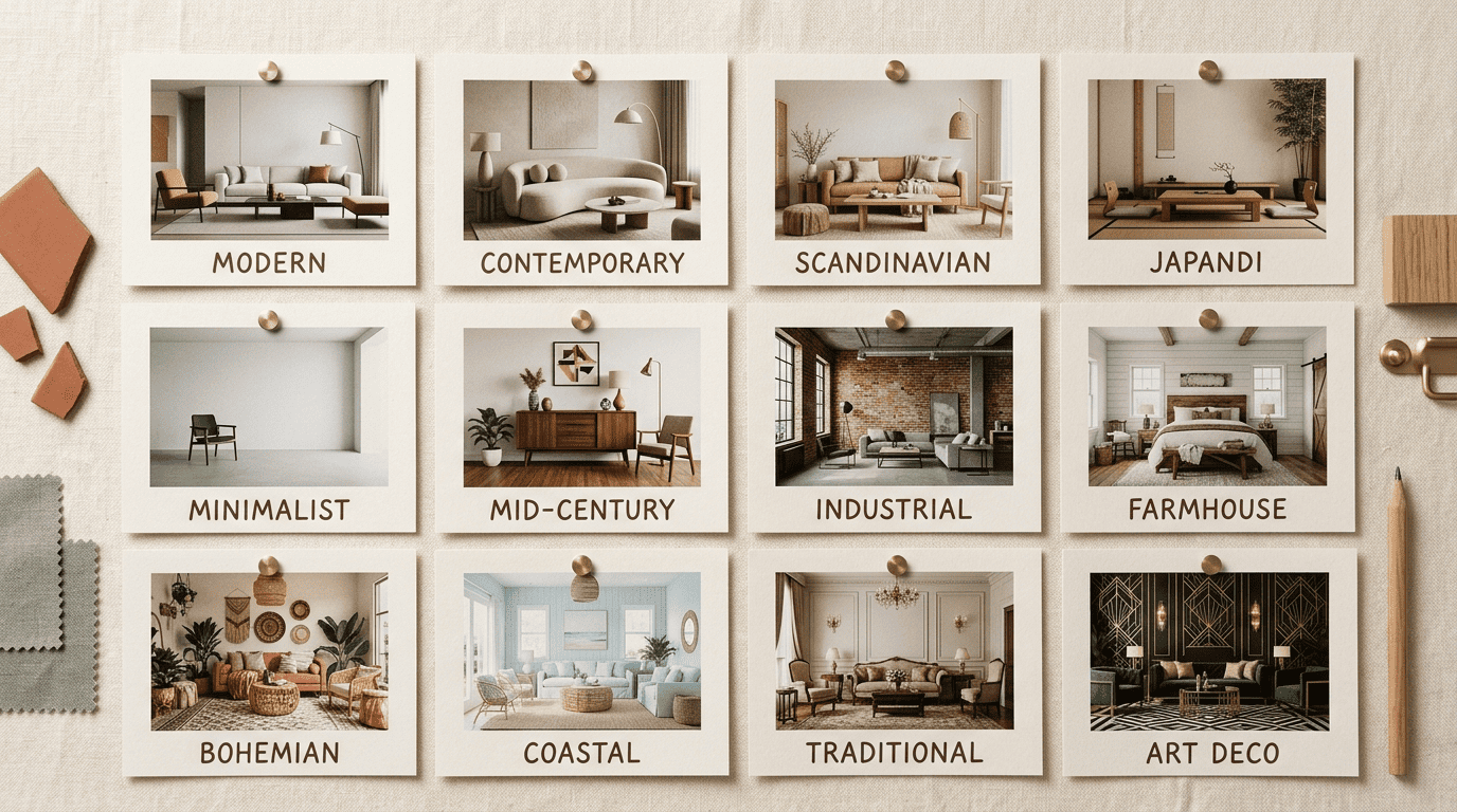 Moodboard grid of twelve labeled interior design styles from Modern to Art Deco