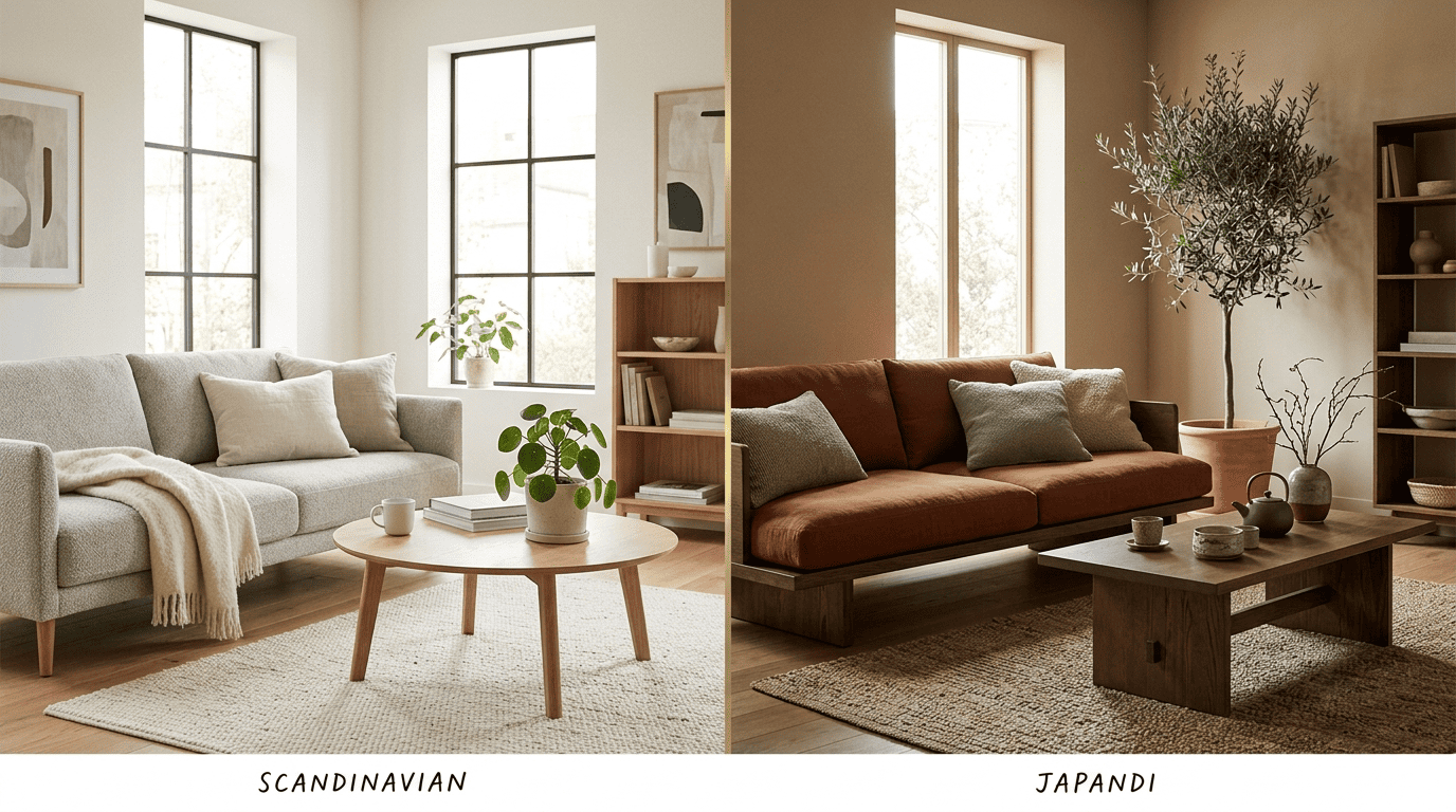 Split comparison of a bright Scandinavian room and a warm, earthy Japandi room