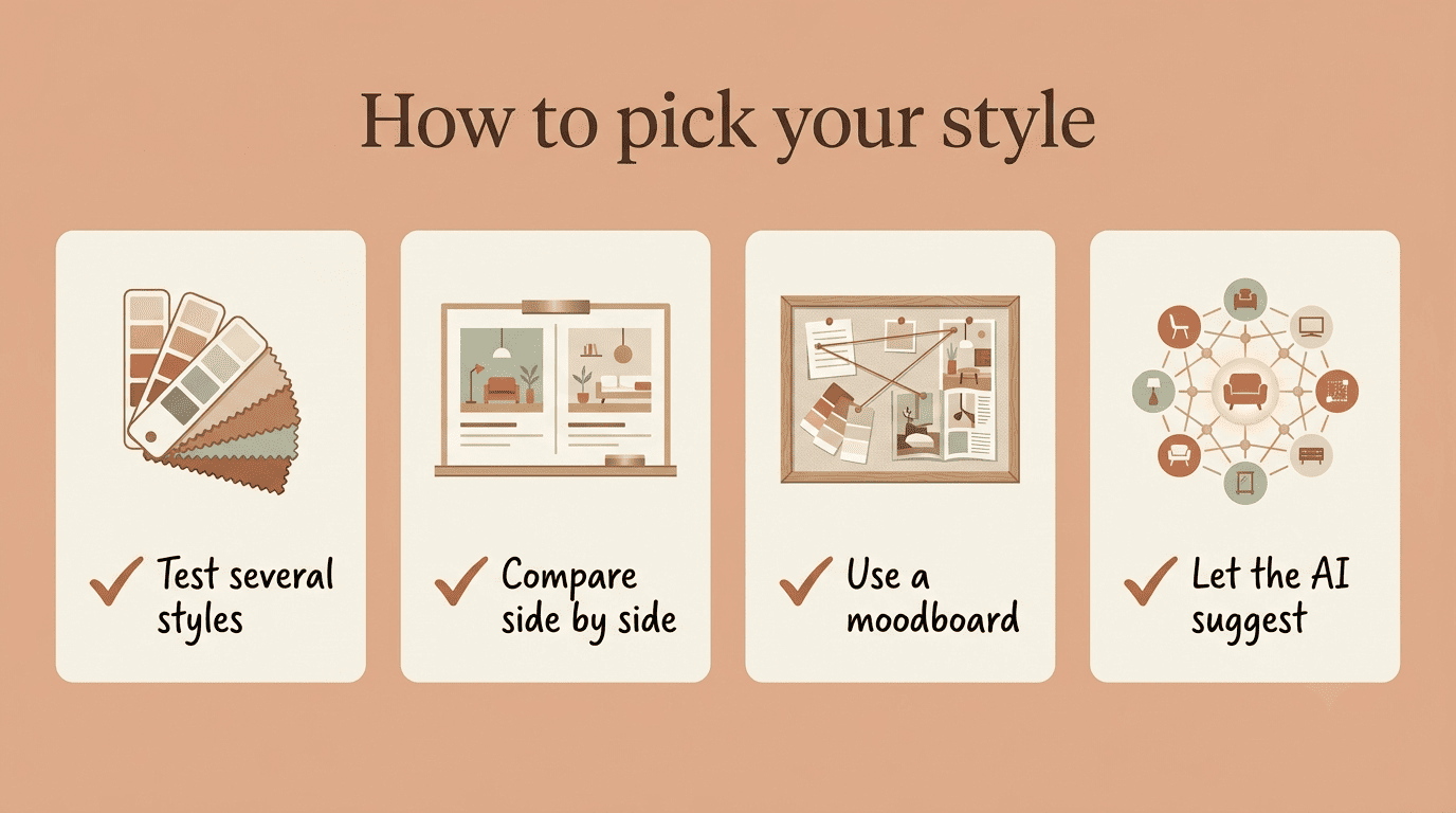 Checklist for picking a style: test several, compare side by side, use a moodboard, let the AI suggest