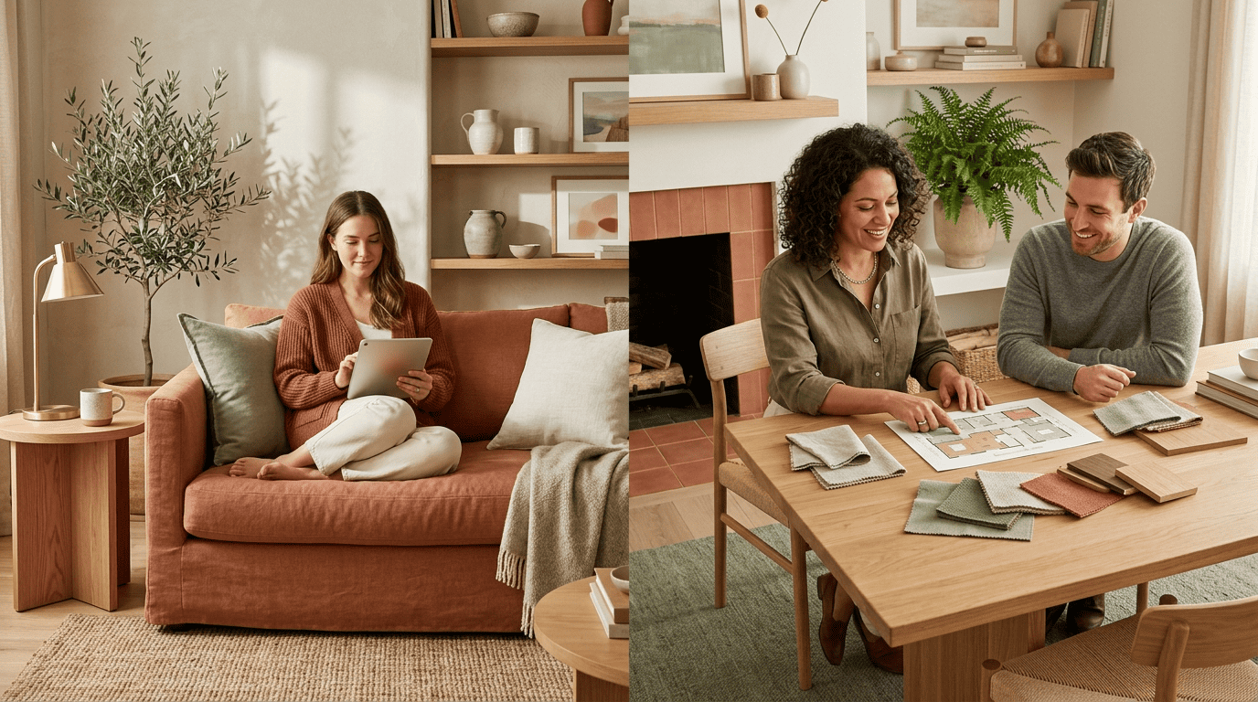 Split scene: a homeowner using an AI design app on a tablet versus a professional designer working with a client over swatches and a floor plan