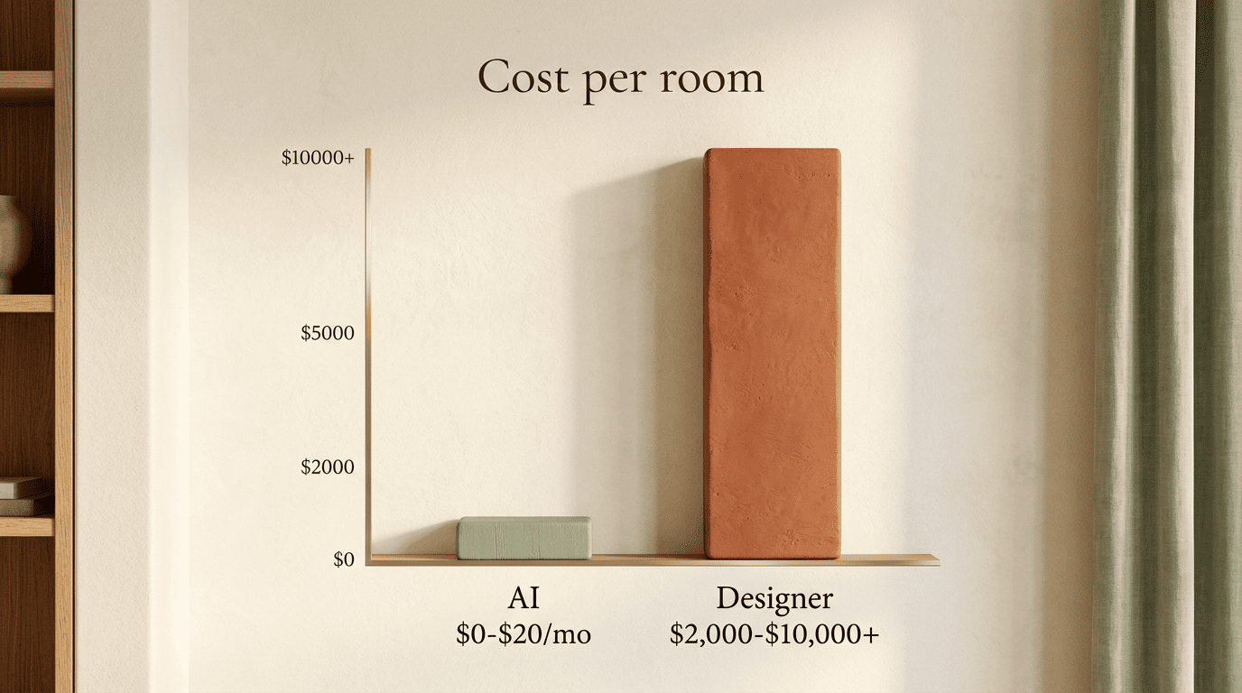 Bar chart comparing cost per room: AI $0-$20 per month versus a designer $2,000-$10,000 or more