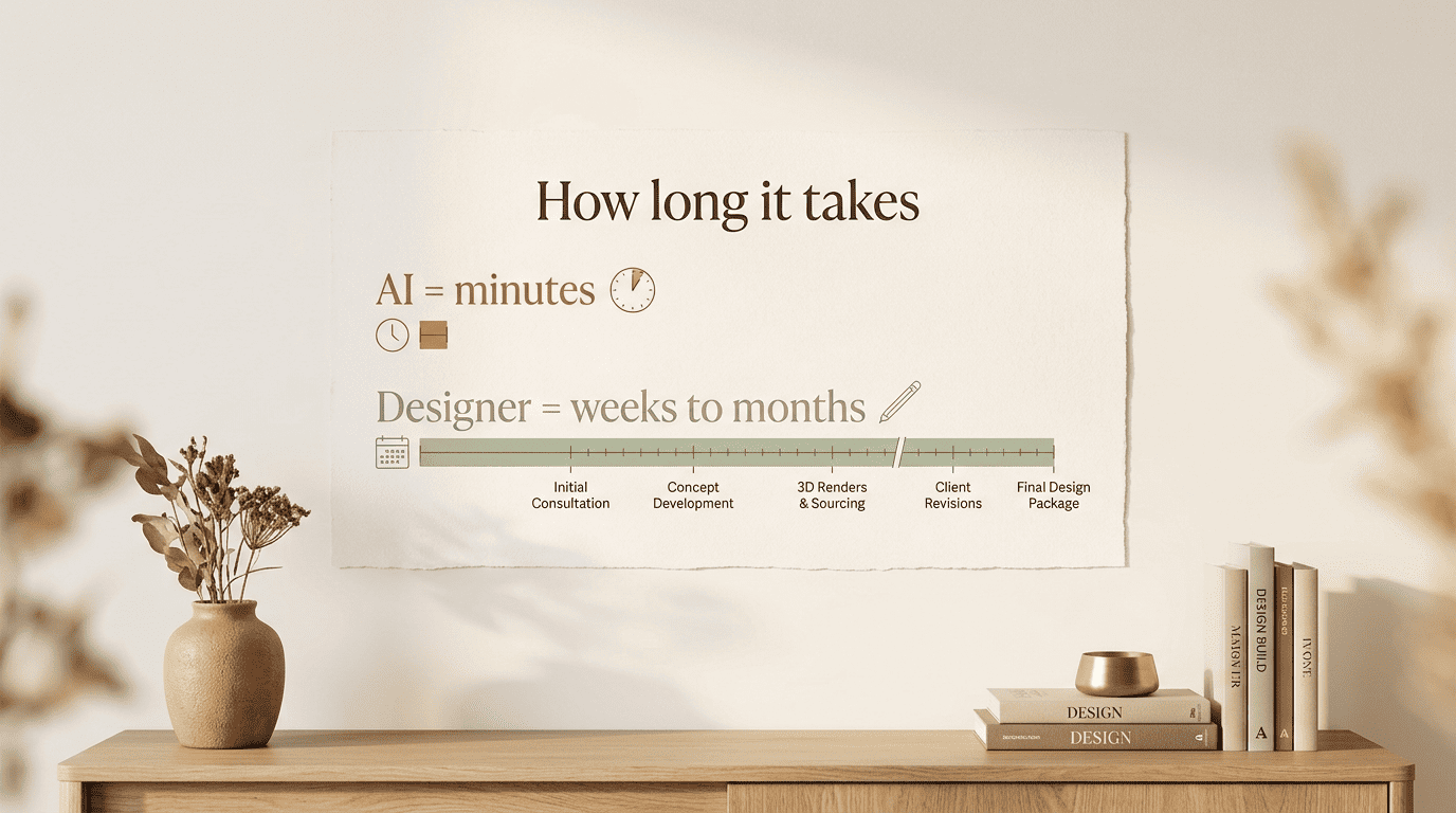 Timeline comparing AI turnaround in minutes with a designer's multi-week concept-to-delivery process