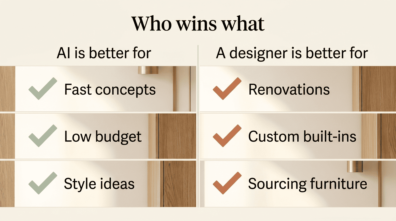 Two-column checklist of what AI is better for versus what a professional designer is better for