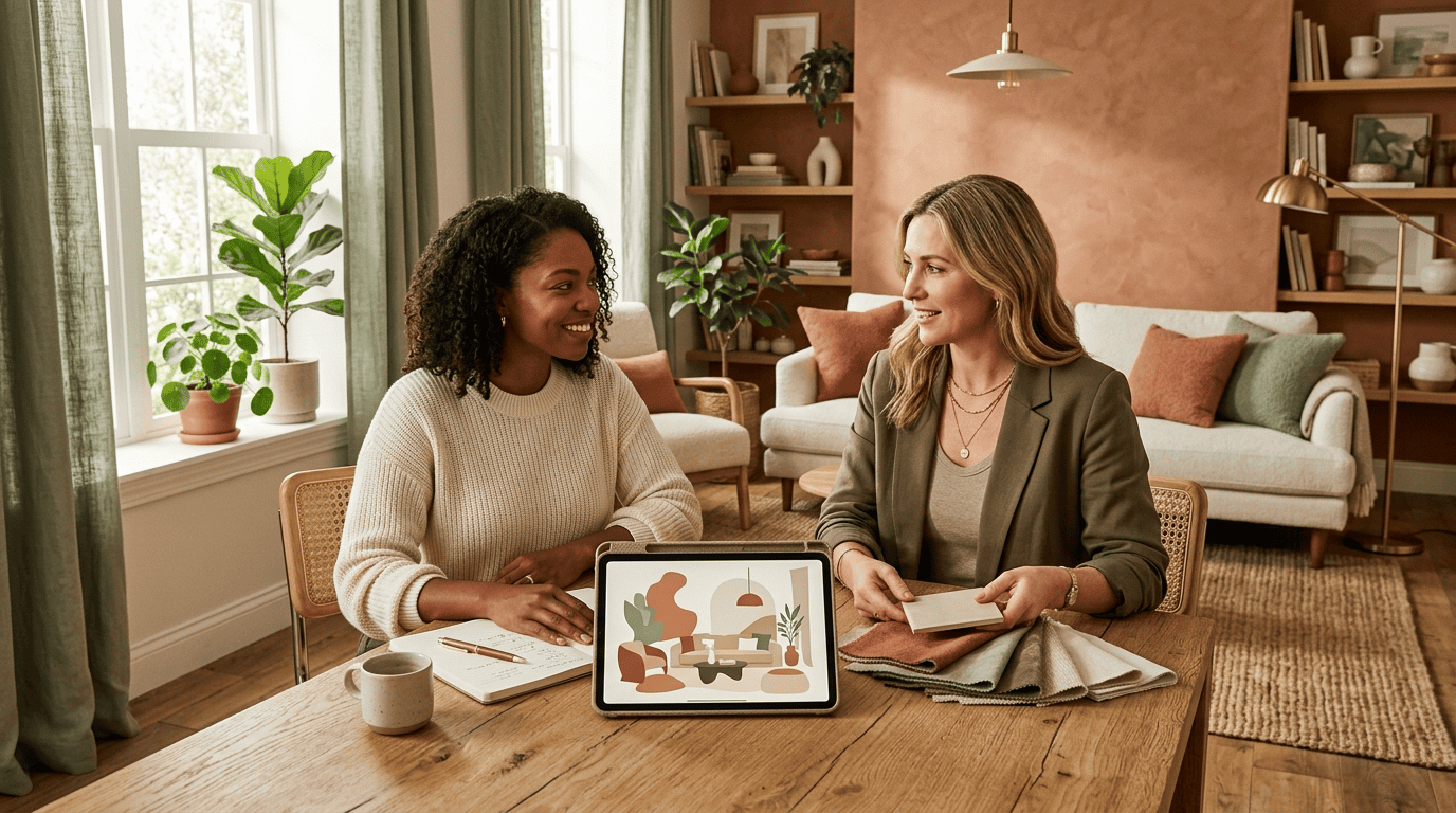 A homeowner and interior designer collaborating with an AI room concept on a tablet alongside real fabric swatches